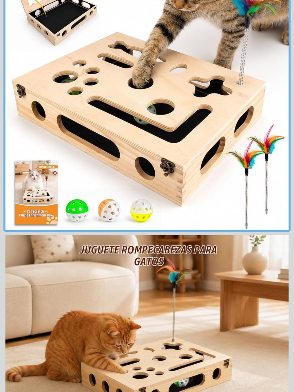 Natural Wood Cat Puzzle Box Toy with Feather Teaser - Interactive Cat Enrichment
